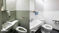 Side by side comparison of restroom before and after renovation